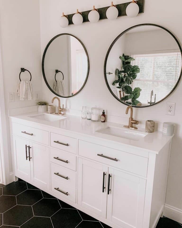 Hexagonal Tile Flooring Beneath Dual Sink Vanity