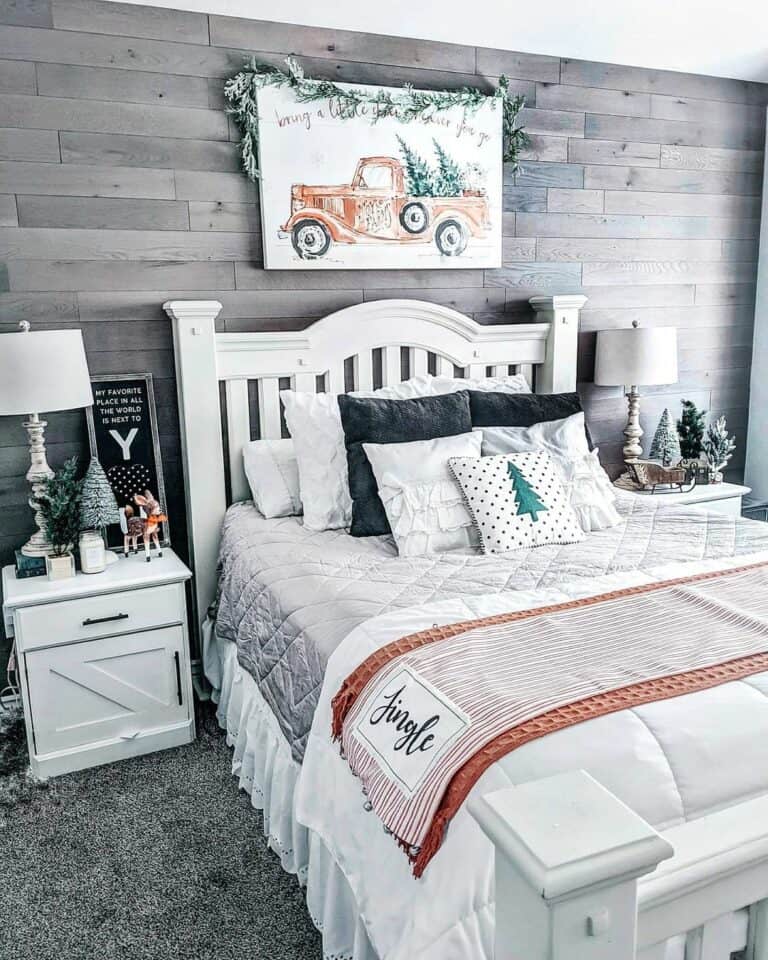 Holiday Farmhouse Bedroom With a Gray Wood Accent Wall