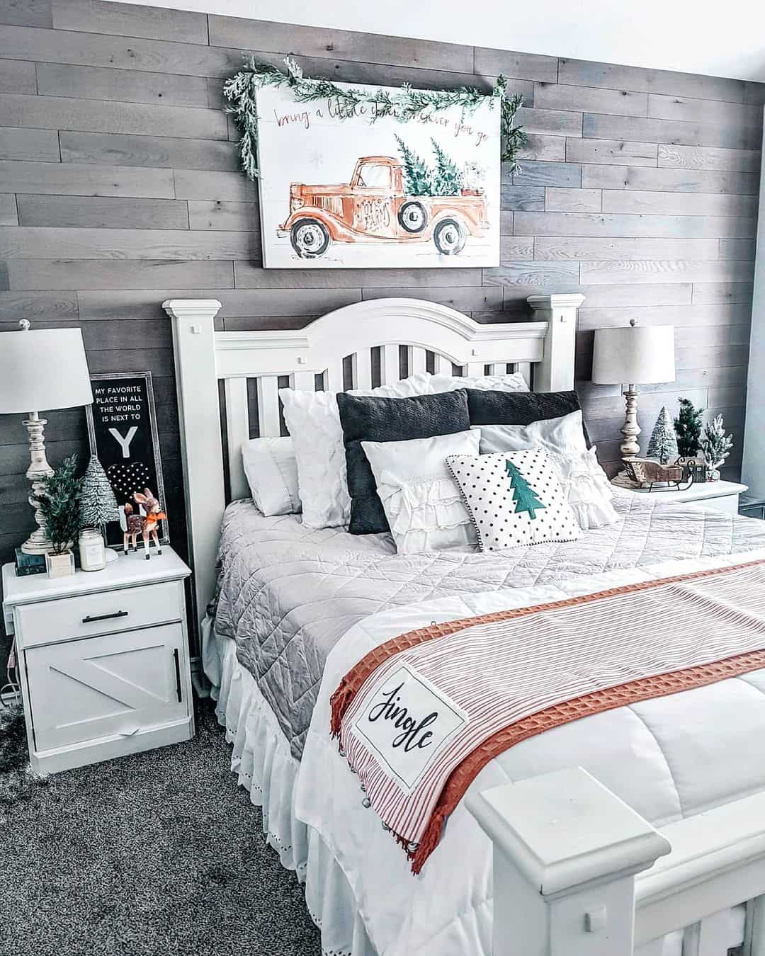 Holiday Farmhouse Bedroom With a Gray Wood Accent Wall Soul & Lane