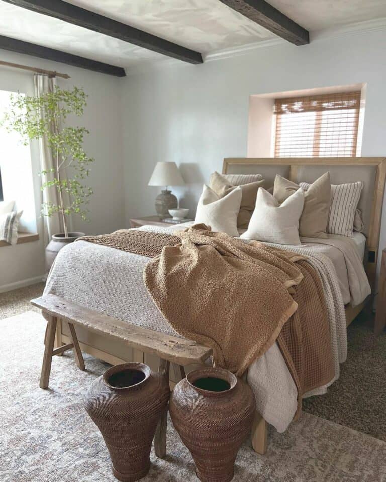 Light Brown and Cream Bed in Bedroom