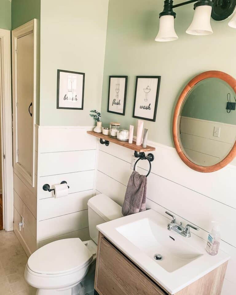 Light Green Farmhouse Bathroom With White Shiplap Walls