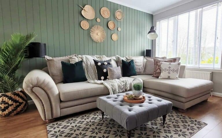 Light Olive Shiplap in Boho-inspired Living Room