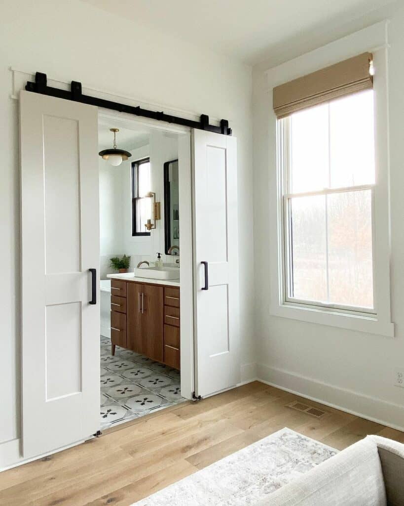 Master Bath With White Sliding Double Doors