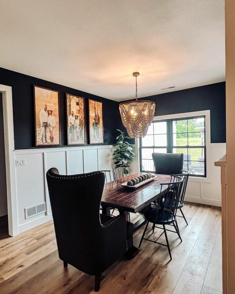 Matte Black Wall With White Board and Batten Wainscoting