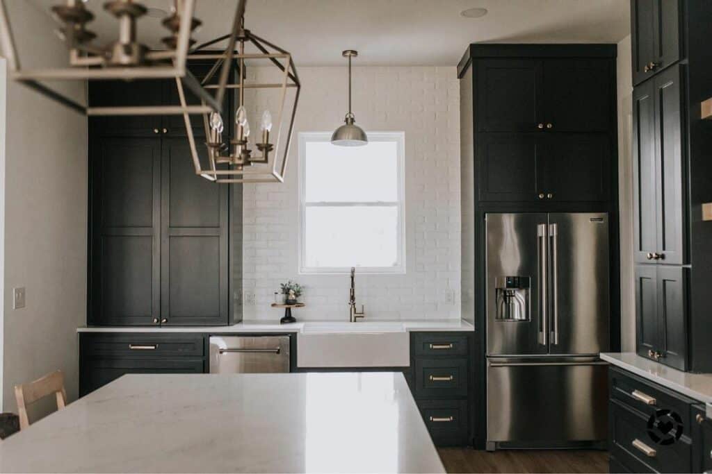 Modern Black and White Kitchen With Geometric Chandeliers - Soul & Lane