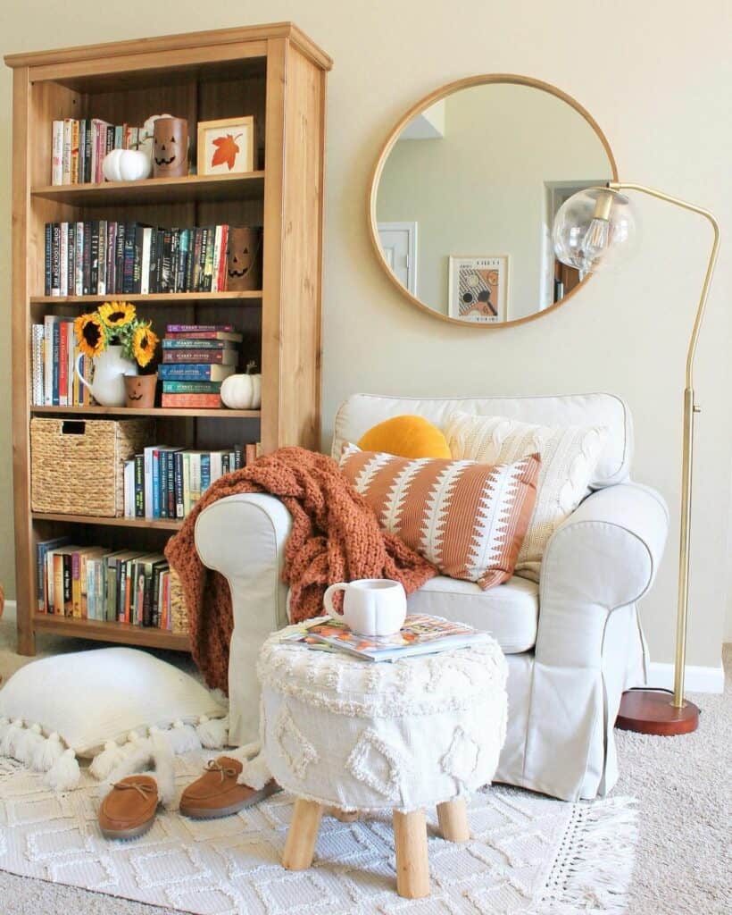Modern Boho Reading Room With White Armchair
