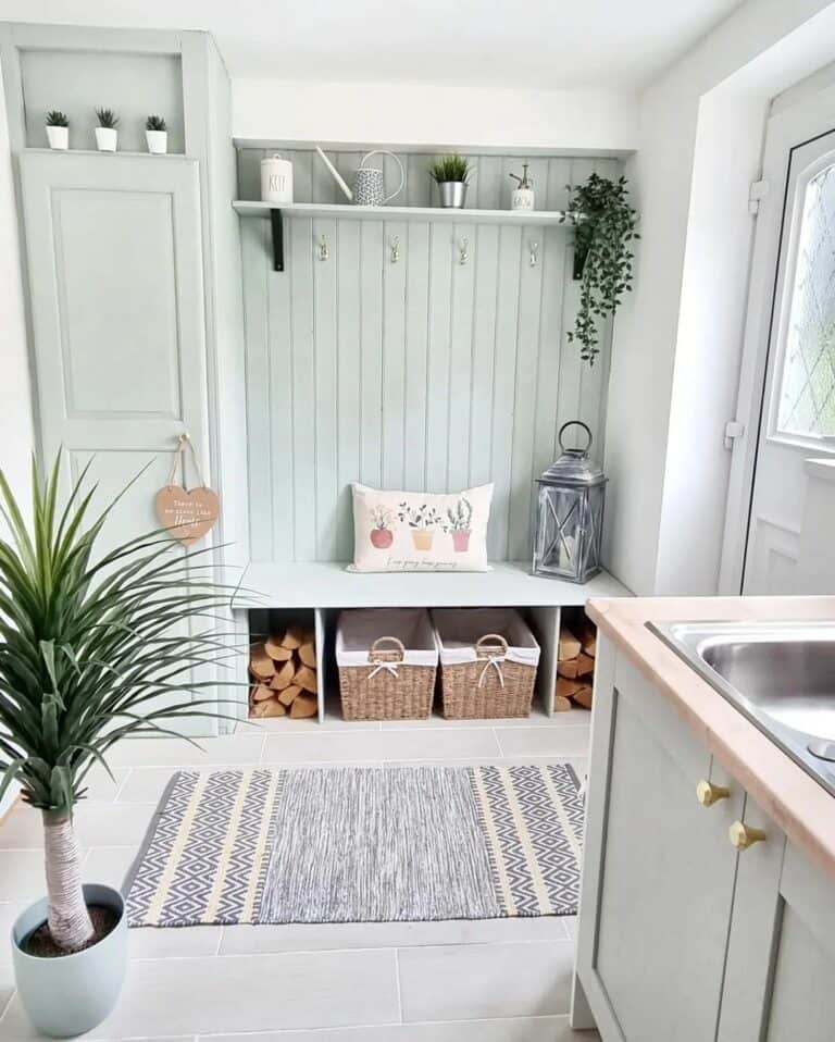 Modern Cottage Mudroom With Pastel Green Accents