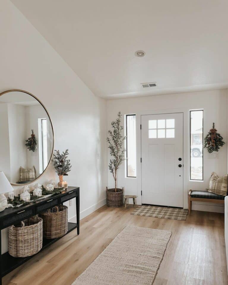 Modern Farmhouse Entrance With Tan Runner Rug