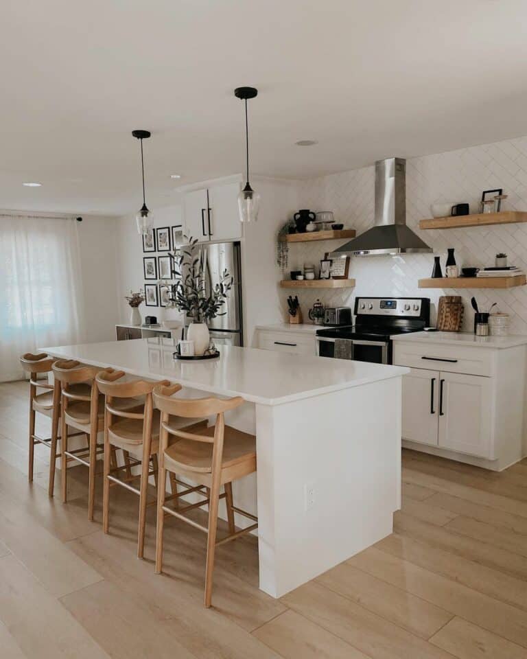Modern Farmhouse Kitchen With Wooden Bar Stools