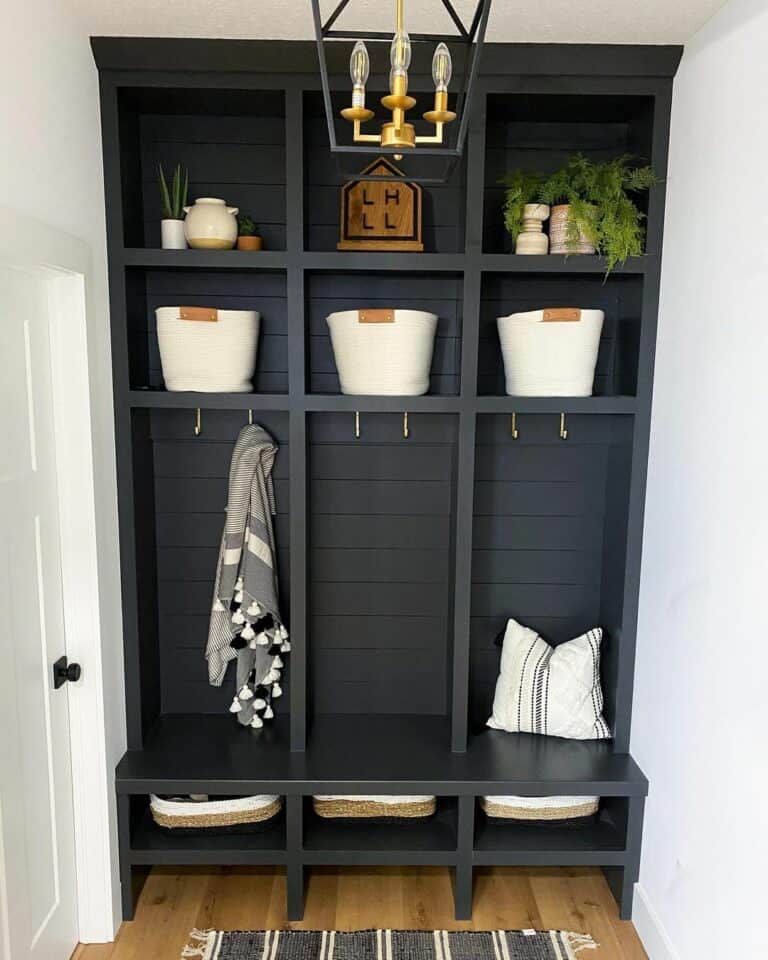 Modern Farmhouse Mudroom With Charcoal Shelves