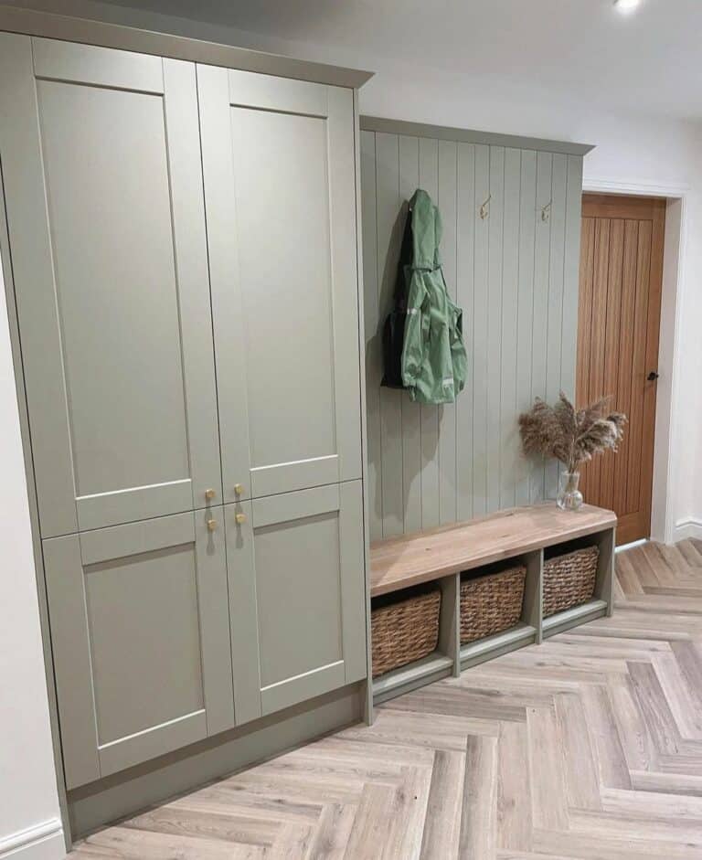 Modern Farmhouse Mudroom With Green Cabinets