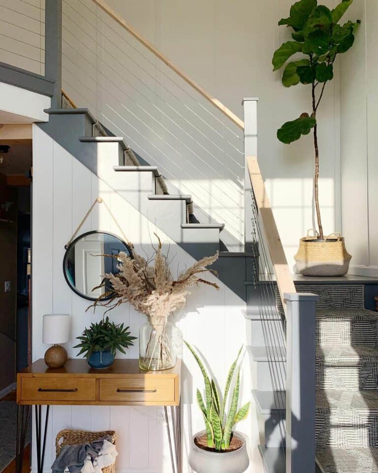 Modern Gray Staircase Ideas With Cable Railing