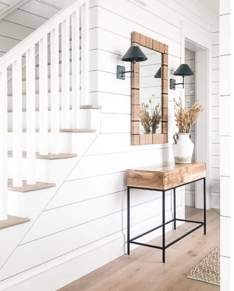 Modern White Shiplap Entry With Wood Frame Mirror
