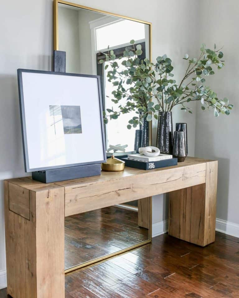 Modern Wood Entryway Table With Gold Floor Mirror