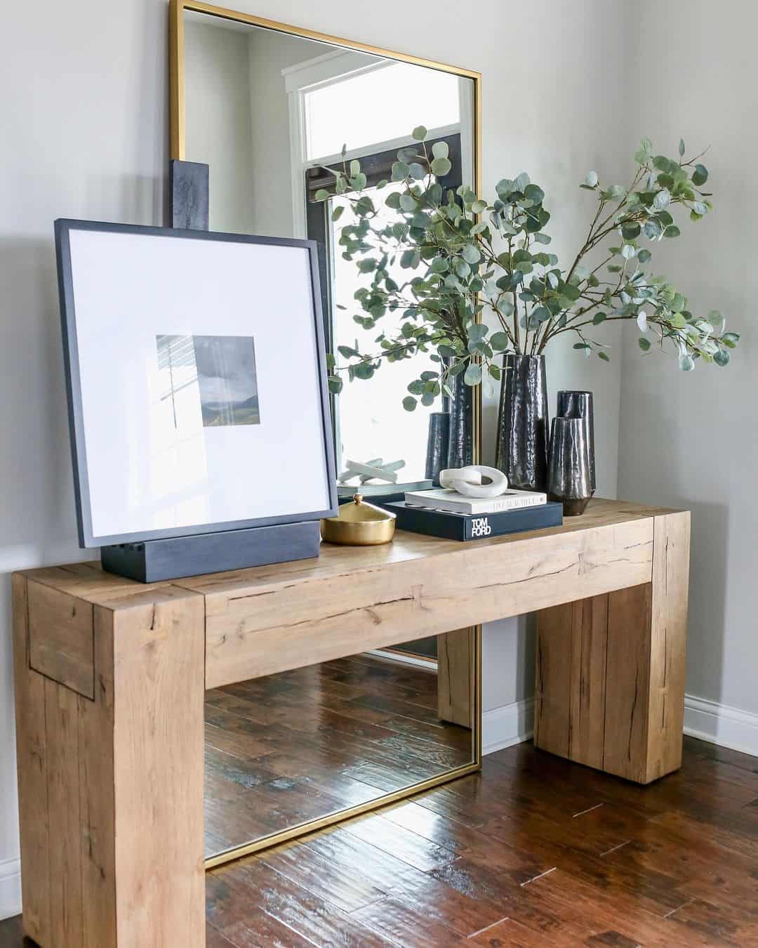 Modern Wood Entryway Table With Gold Floor Mirror Soul & Lane