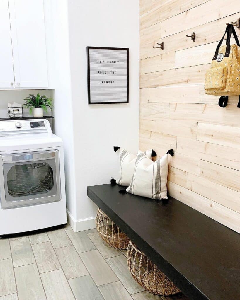 Mudroom Storage Wall With Natural Wood Panels