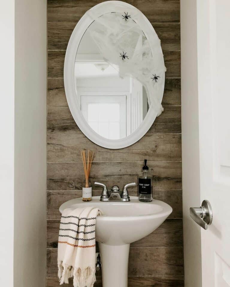 Narrow Small Powder Room Ideas With Accent Wall