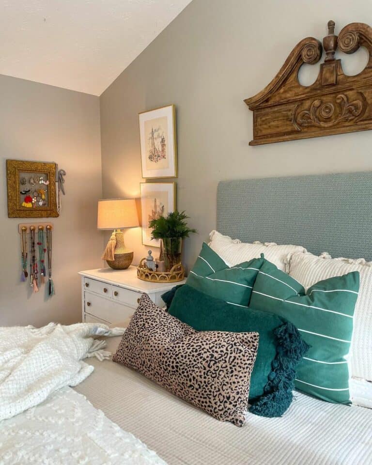 Neutral Gray and White Bedroom With Vintage Green Pillows