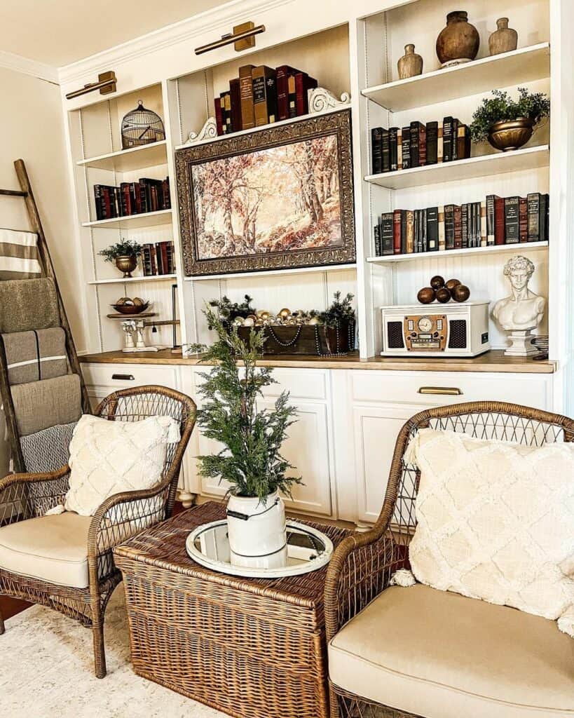 Neutral Living Room With White Bookshelf