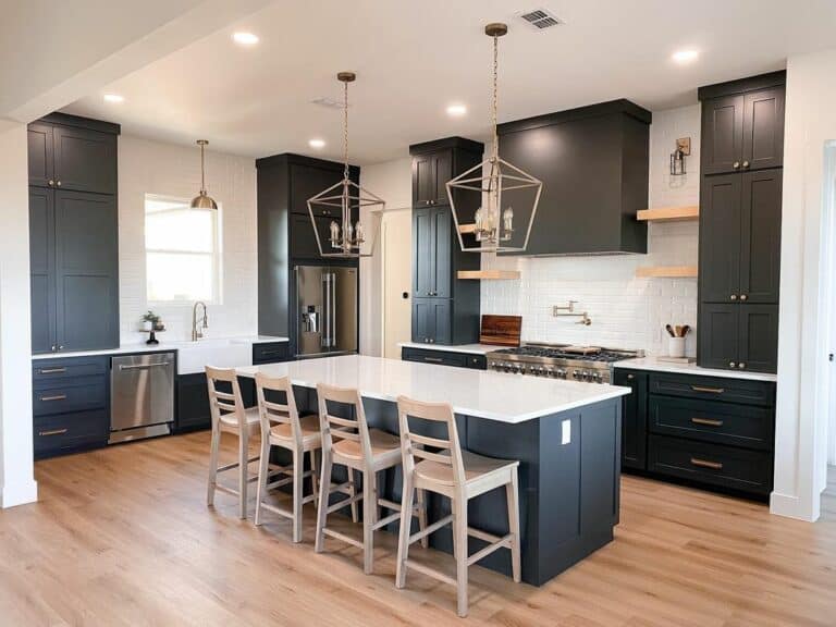 Open Kitchen Layout With Black Cabinets