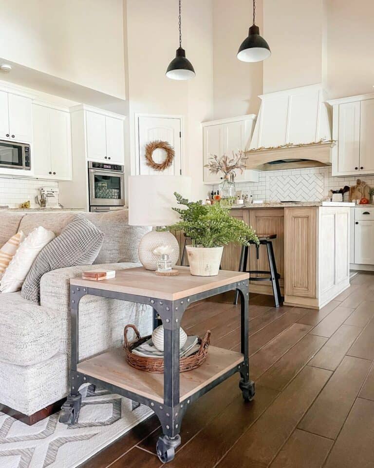 Open Kitchen With Black Pendant Island Lights