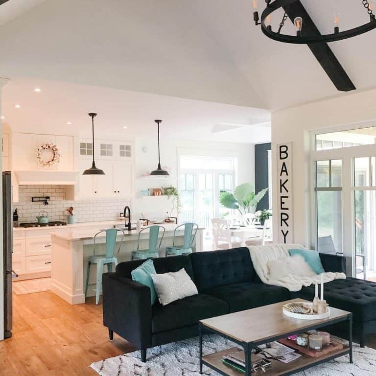 Open-concept Kitchen With Turquoise Bar Stools