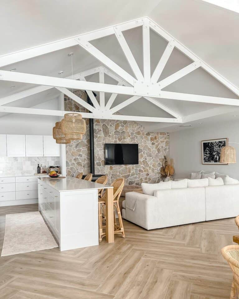 Open-concept Space With White Trusses