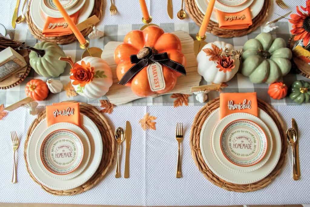 Orange and Pastel Green Thanksgiving Table Décor