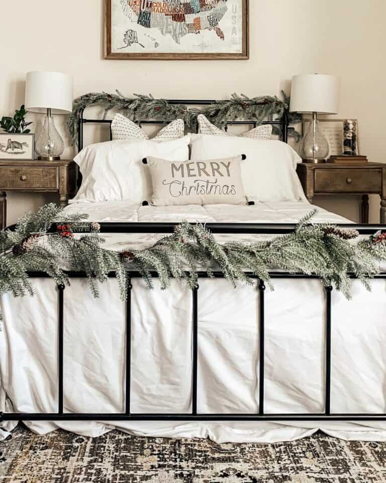 Pine Garland Decorates a Farmhouse Bedroom