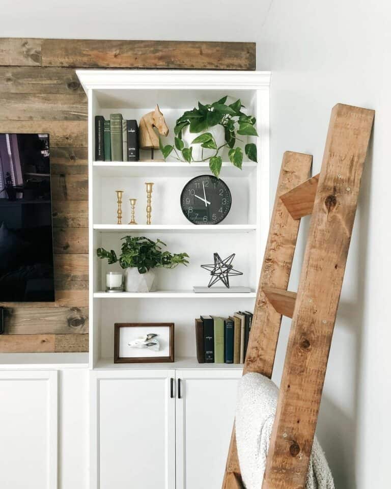 Reclaimed Wood Wall Design Behind Built-in Shelves