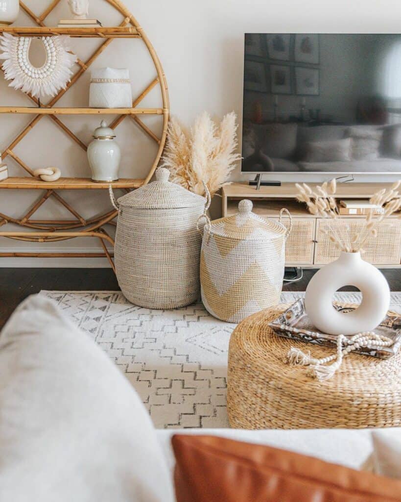 Round Cane Shelf With Rattan Stand and Ashwood TV Console Soul & Lane