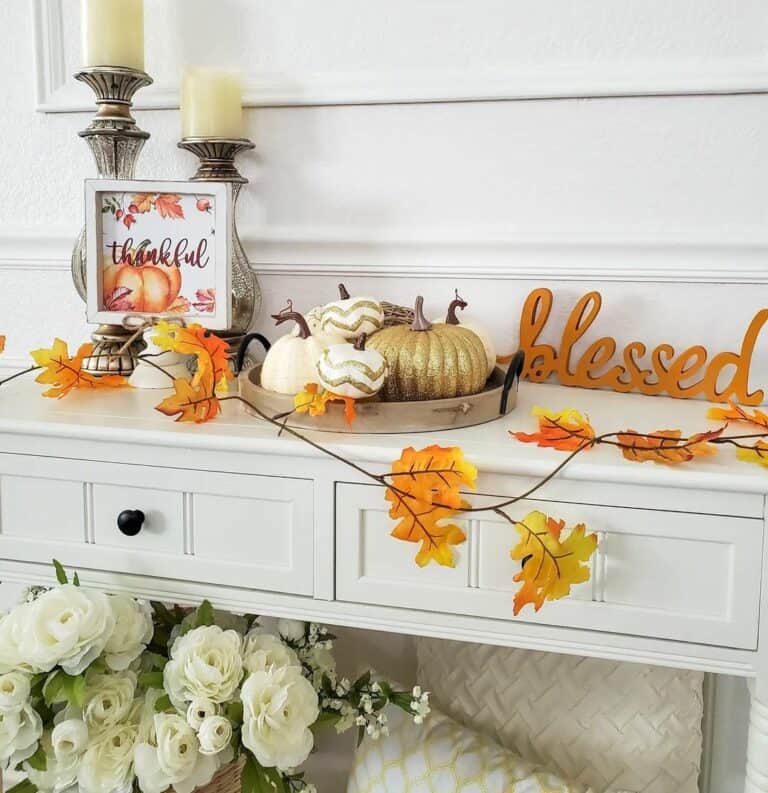 Round Wood Tray With White and Gold Pumpkins