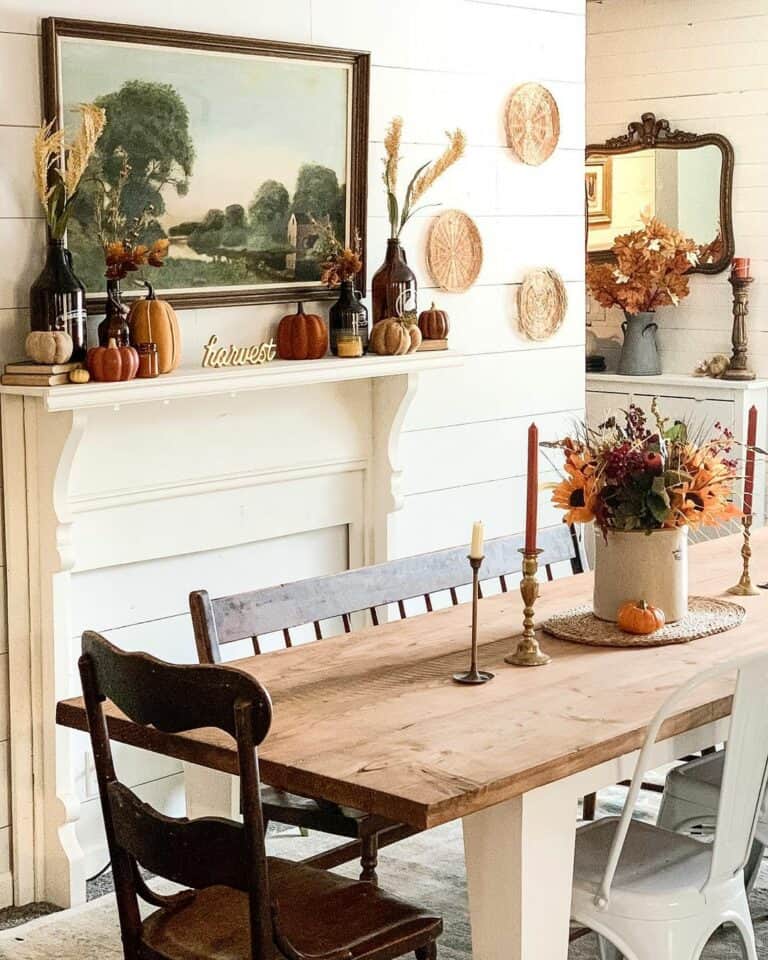 Rustic Autumn Dining Table With Vintage Bench Seating