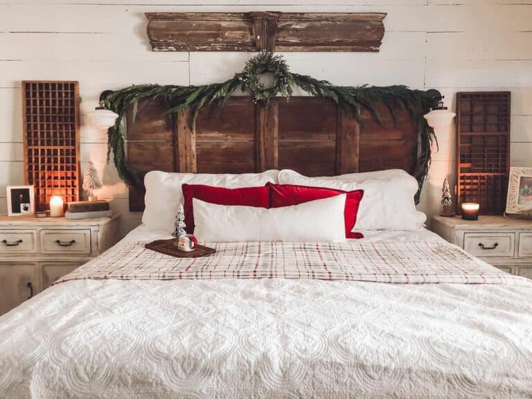 Rustic Bed With Stained Wood Headboard