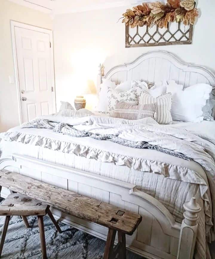 Rustic Bedroom With Wood Sawhorse Bench