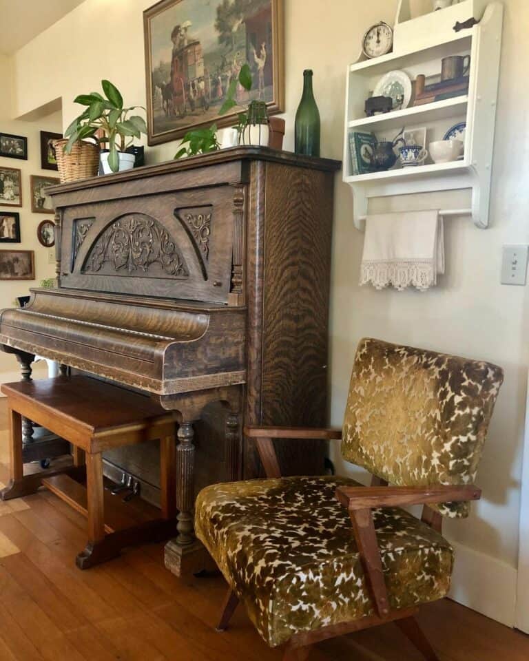 Rustic Cowhide Armchair and Antique Living Room Piano
