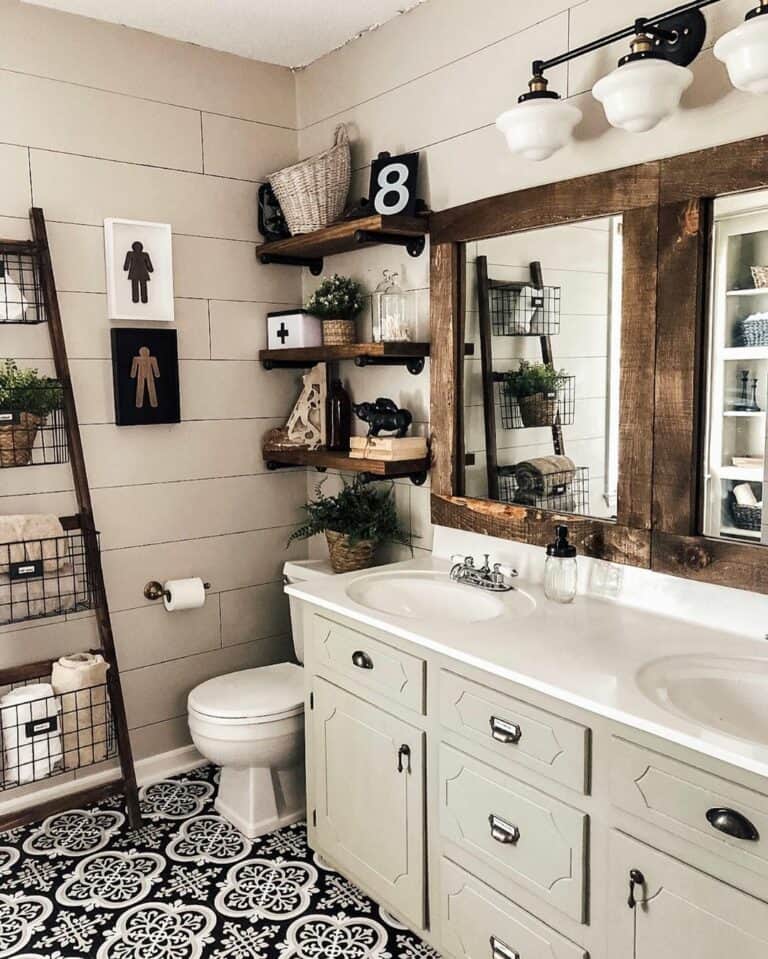 Rustic Farmhouse Bathroom With Patterned Flooring
