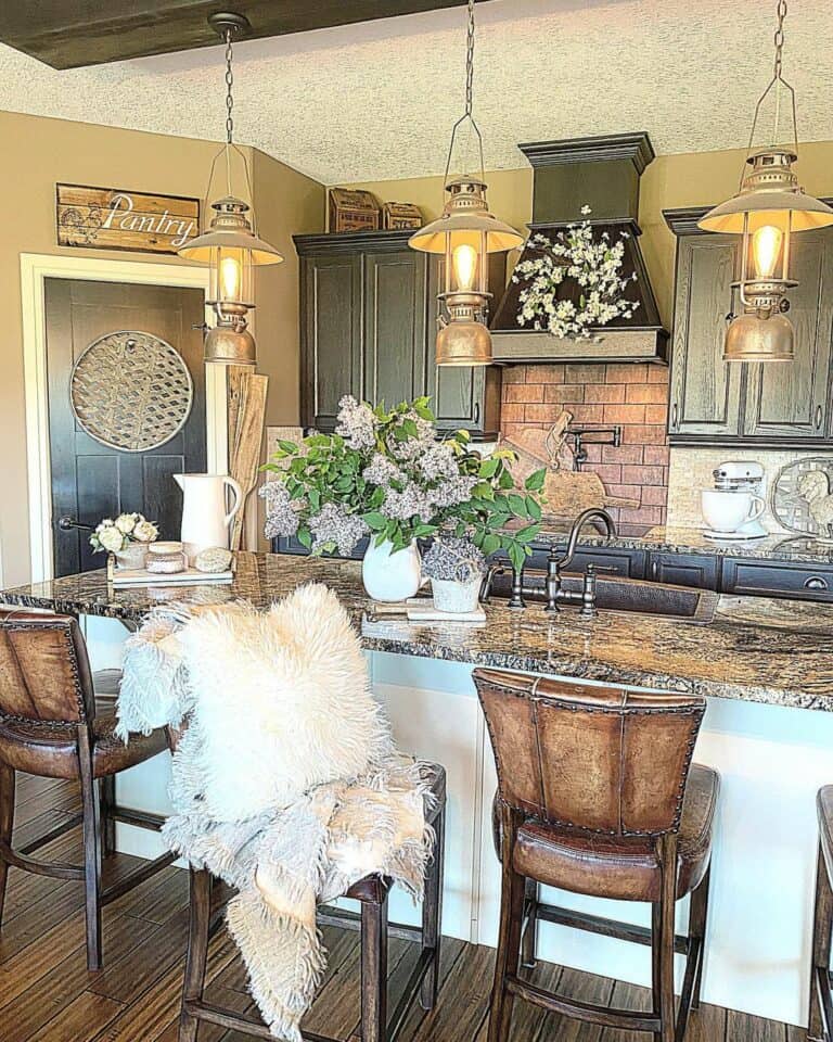 Rustic Kitchen With Suspension Lamps