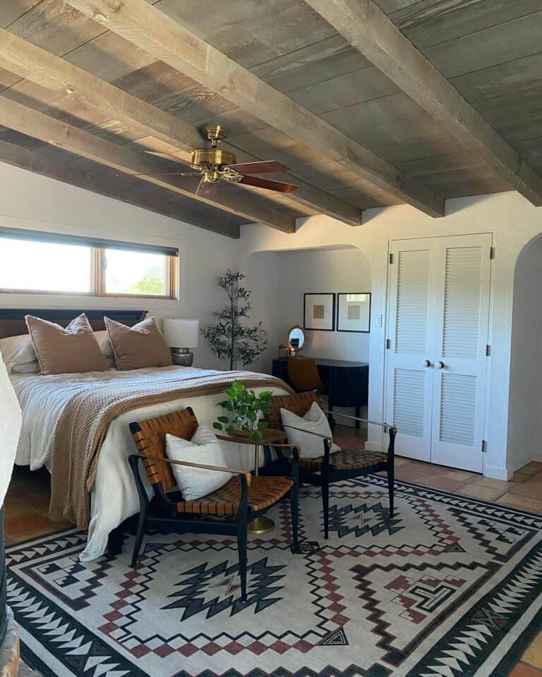 Rustic Modern Bedroom With Wood Ceiling
