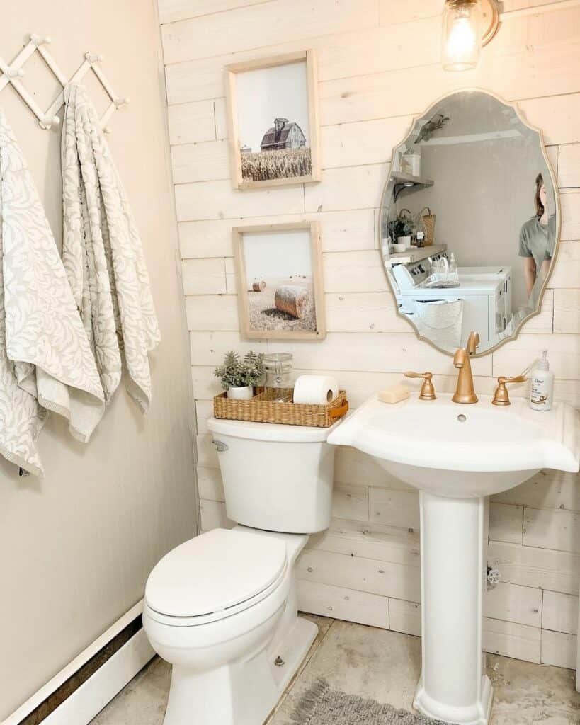 Rustic Shiplap Bathroom With Brass Fixtures