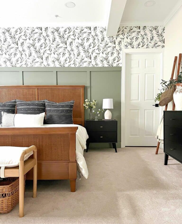 Sage Accent Wall With Wooden Bed in Farmhouse Bedroom