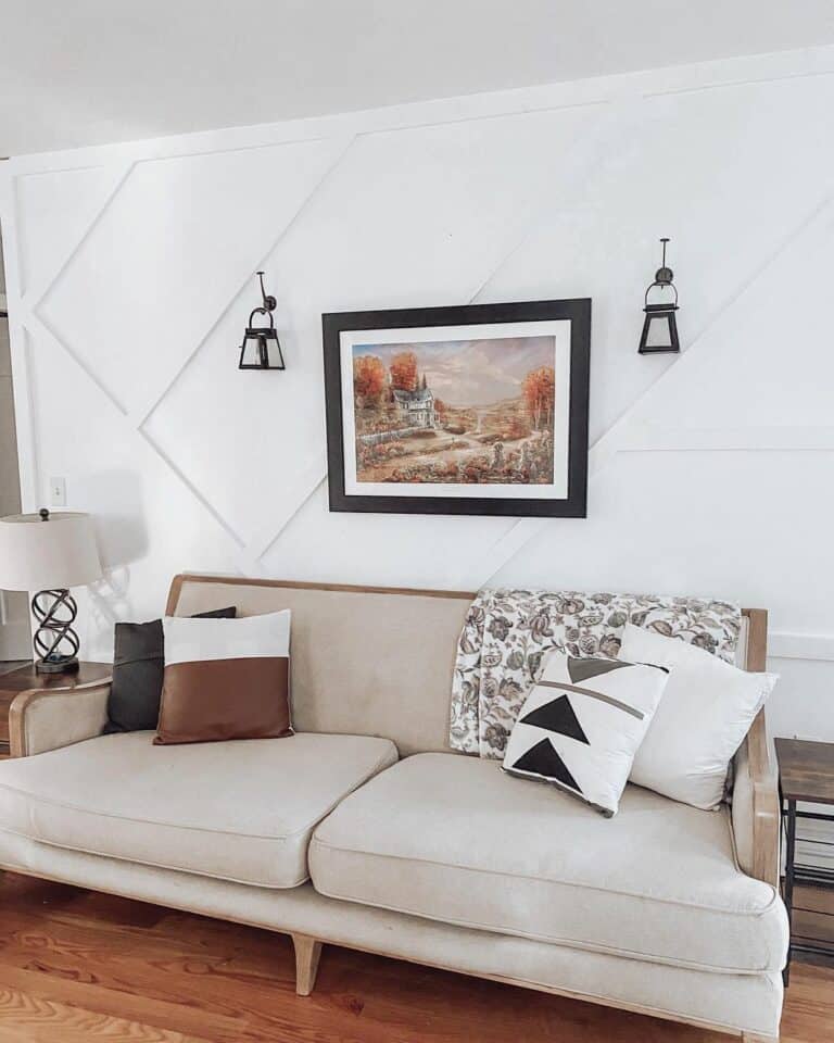 Slanted Board and Batten Walls in Farmhouse Living Room