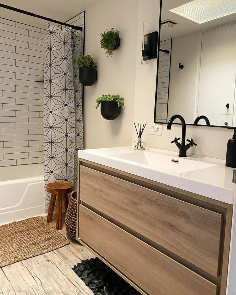 Small Bath With Light Wood Vanity