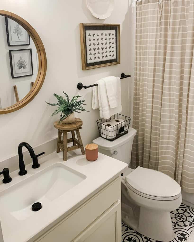 Small Bathroom With Beige Shower Curtain