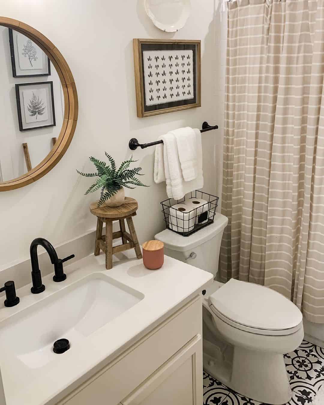 Small Bathroom With Beige Shower Curtain - Soul & Lane