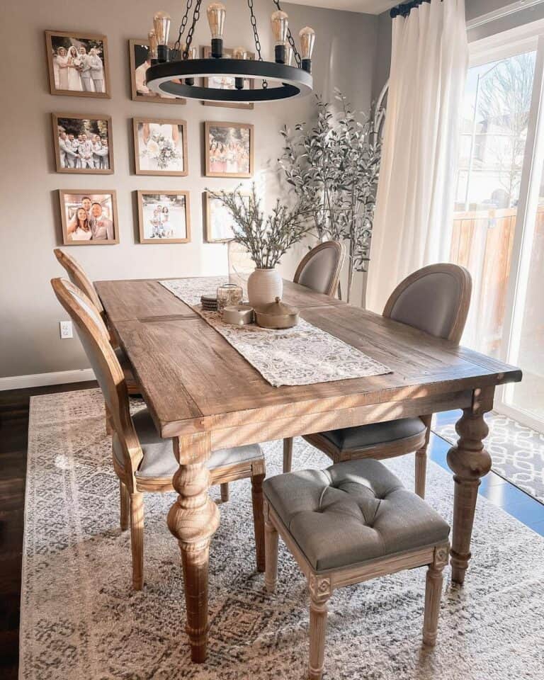 Small Dining Room With a Rustic Table and Gallery Wall