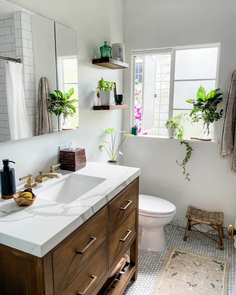 Small Full Bathroom Stained Wood Washstand