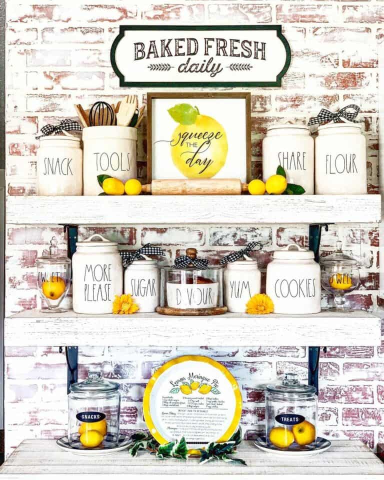 Small Lemons on White Wood Open Shelves