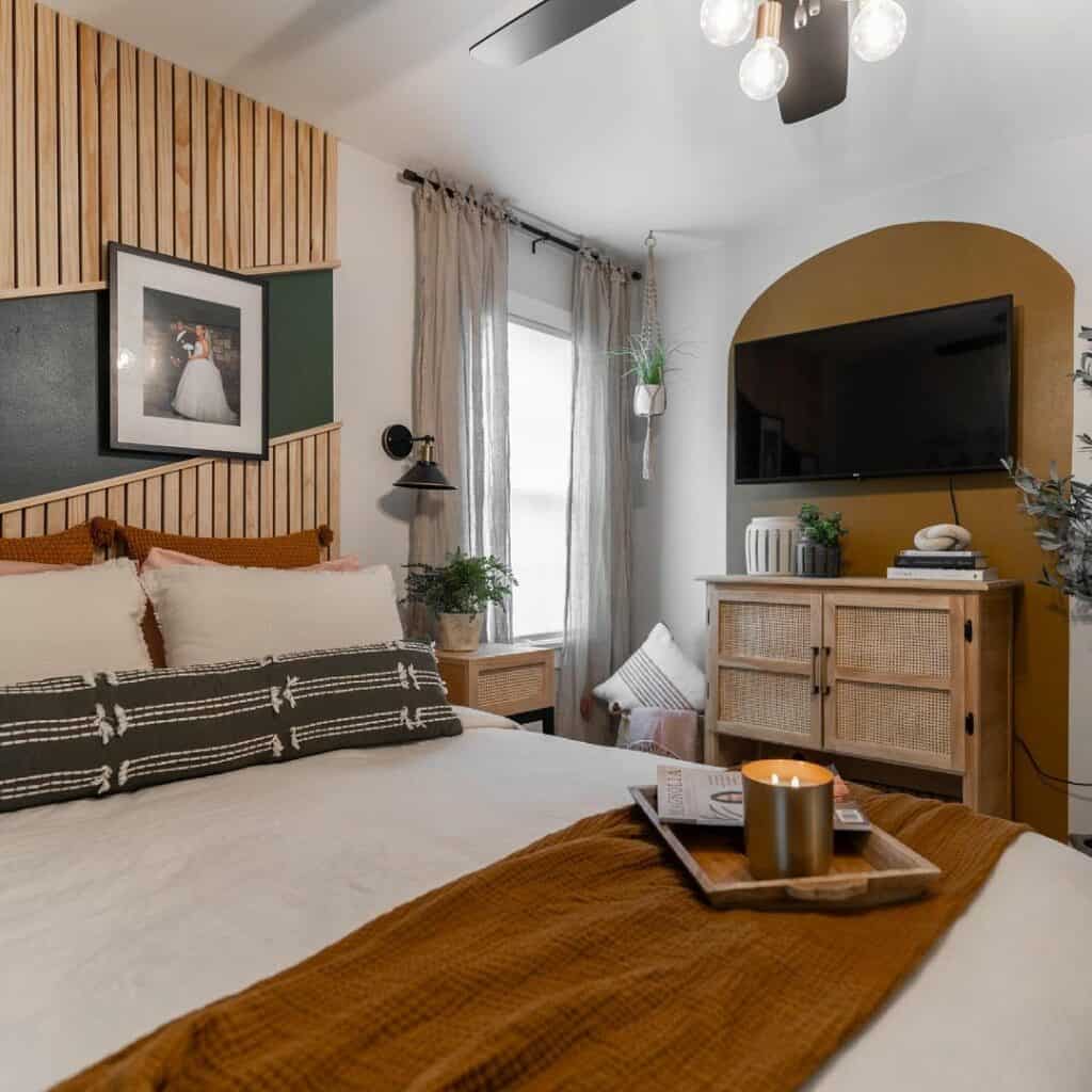 Southwestern Boho Bedroom With Modern Wood Paneled Walls
