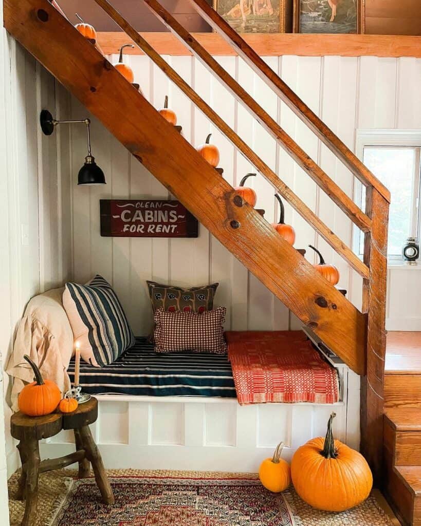 Stained Wood Cabin Stairway With Pumpkins